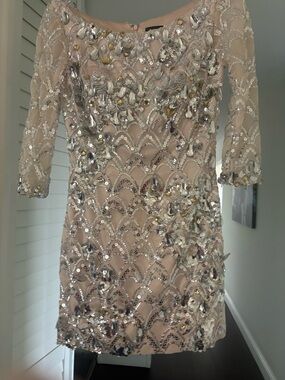Musani Gold Couture Embellished Nude/Pink Sequin Cocktail Dress, size 2